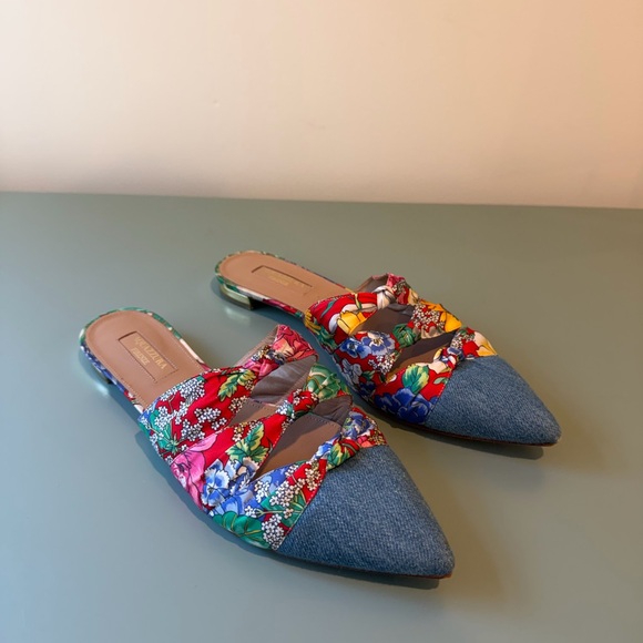 Aquazzura Shoes - Aquazzura Firenze Denim Floral Pointed Toe Mule Flats Size 37.5